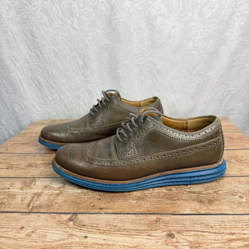 Cole Haan Mens 10 Brown Leather Lunargrand Wingtip Oxford Blue Sole Quiet Luxury